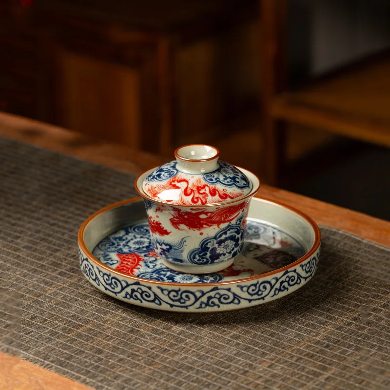 

High Quality Old Clay Double Color Glaze Pattern Horseshoe Cover Teacup Chinese Retro Gracked Ceramic Tea Bowl Set Mini