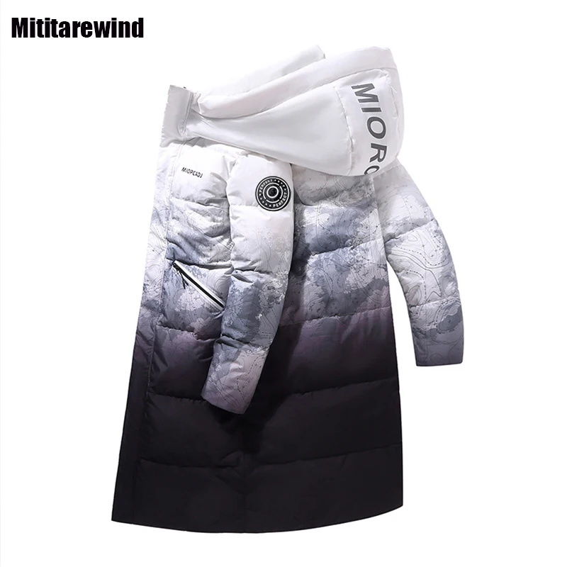 New Long Puffer Jacket Winter Male Coats Thick Gradient Hooded 90% Duck Down Jacket Korean Fashion Keep Warm Unisex Feather Coat