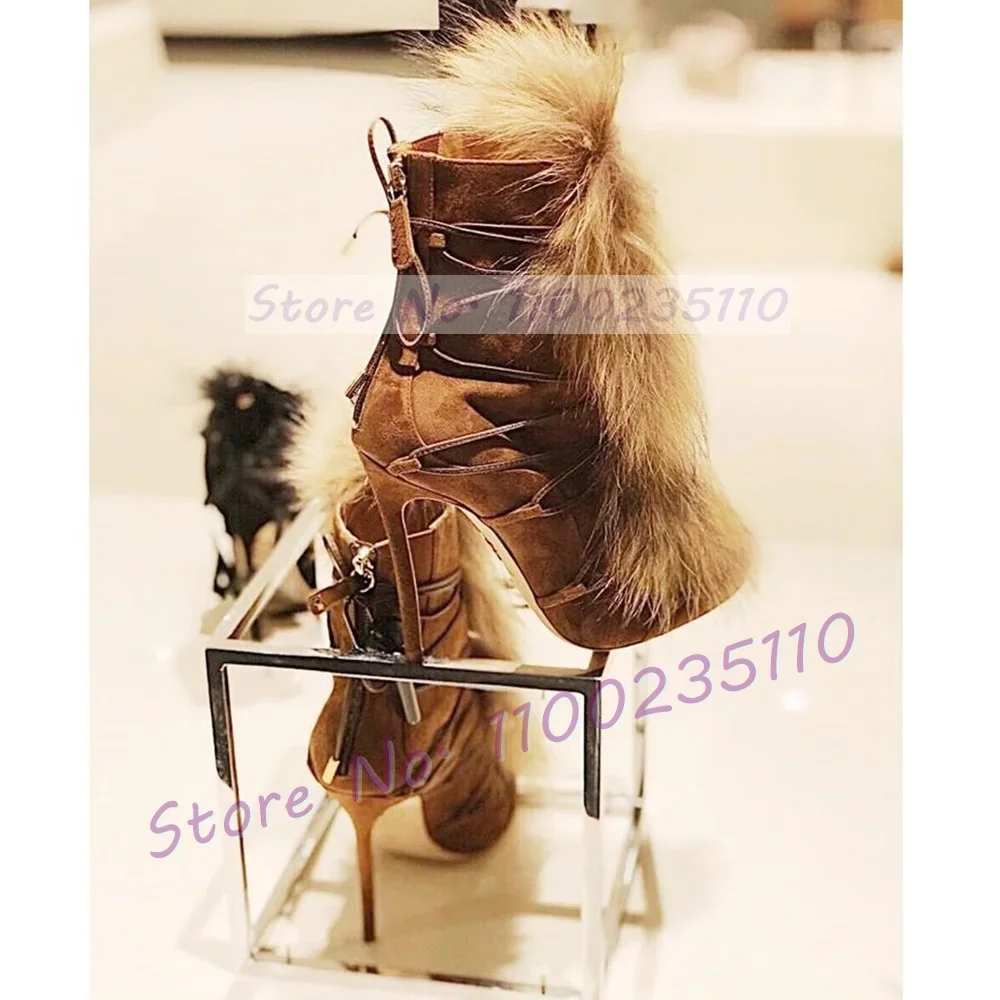 Brown Real Fur Stiletto Ankle Boots Women Trends Outfit Cross Tied Winter Snow Shoes Female Haute Pointed Toe Back Zipper Boots