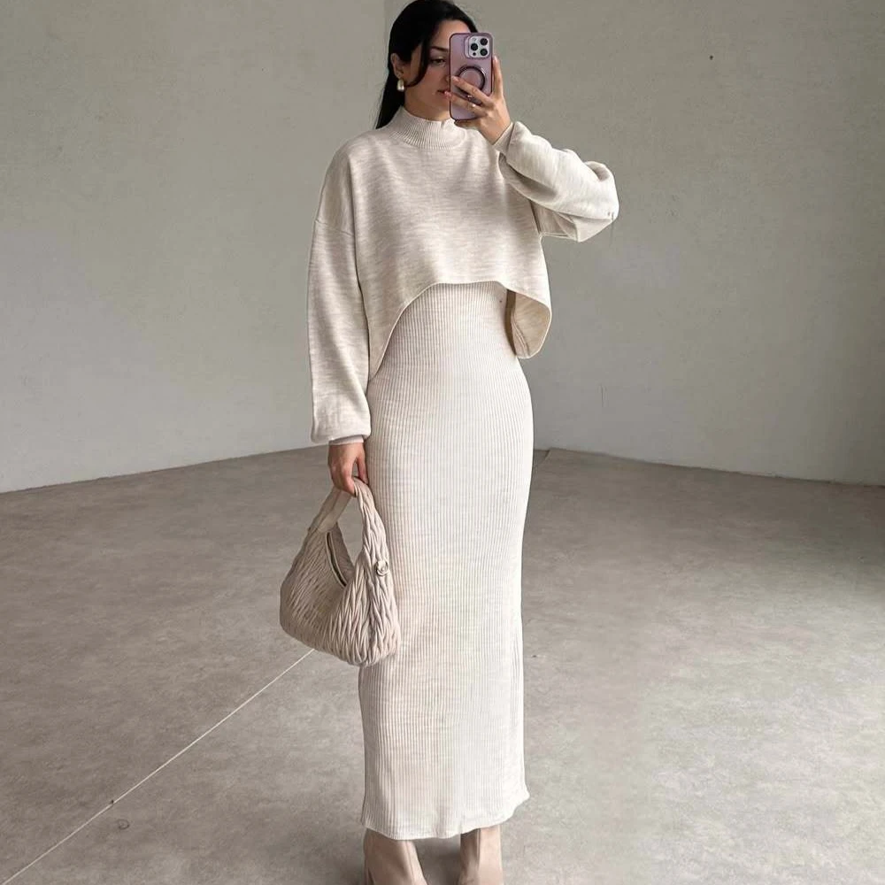 Dress Set Two Piece Sets Women Sexy Sweater Dress Autumn Winter Top Knitted Long Dresses High Waist Elegant Matching Sets