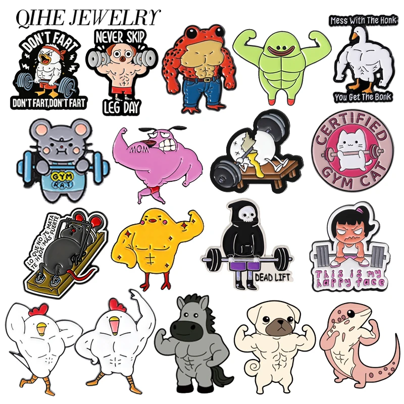 Anime Fitness Tiere Muskelmaus Emaille-Pins Hahn Frosch Ei Fitness Gewichtheben Broschen Taschen-Reversnadel Lustiger Schmuck Geschenk