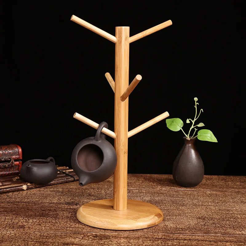 Bamboo Mug Hanger Rack Tree Shape Coffee Tea Cup Storage Holder Removable Bamboo Mug Stand Organizer Drinkware Shelf with 6 Hook