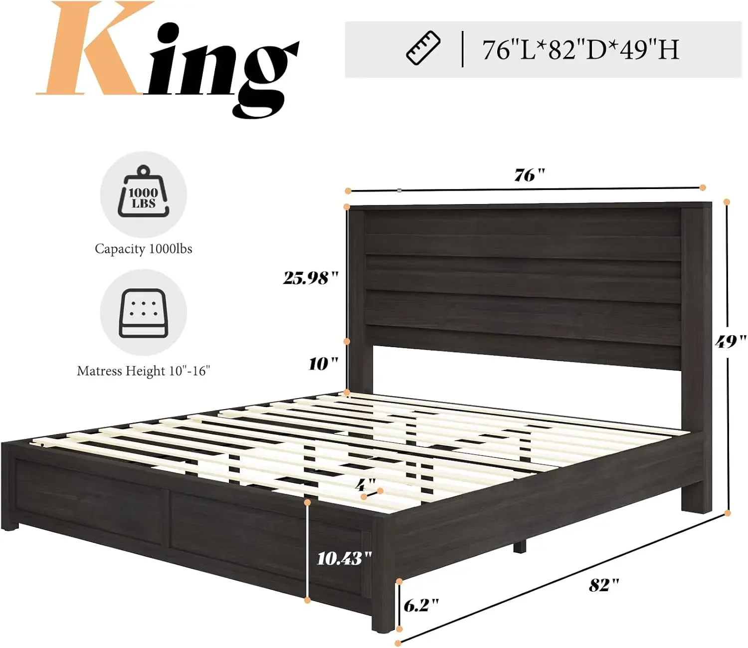 Farmhouse King Size Bed Frame, Wood Platform Bed with Natural Grain, No Box Spring Needed/Noise Free, Black