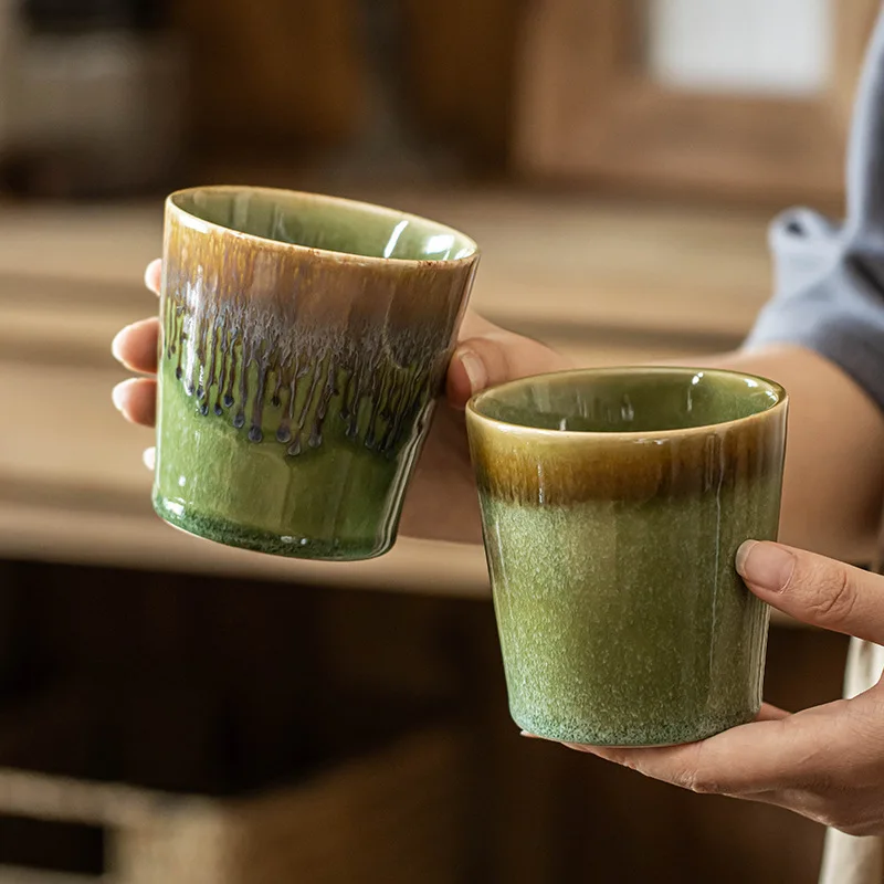 Vintage Kiln Green Handleless Cup Ceramic Mug Japanese Tea Cup Home Dining Drinkware
