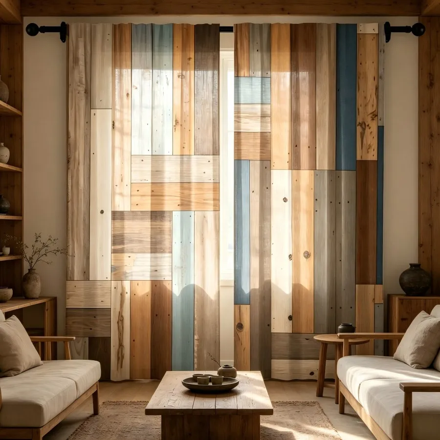 2PCS Digital Print  Curtain, Blue Brown Wood Grain, Rustic Farmhouse Window Treatment Drape for Bedroom Kitchen Decor