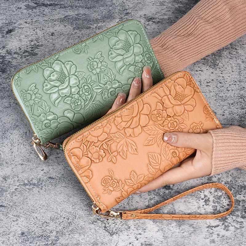 Long Zippered Women's Purse,Enlarged Ladies Phone Wallet,Embossed Design Fashionable Minimalist Money Bag,Lady Leather Purses