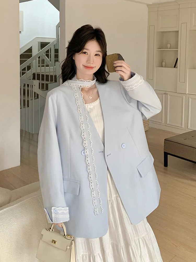 Sweet Lace Fashion Blazer Women Elegant Preppy Style Loose Chic Blue Suit Coat Fall Winter Casual Lace Up Patchwork Tops Outwear