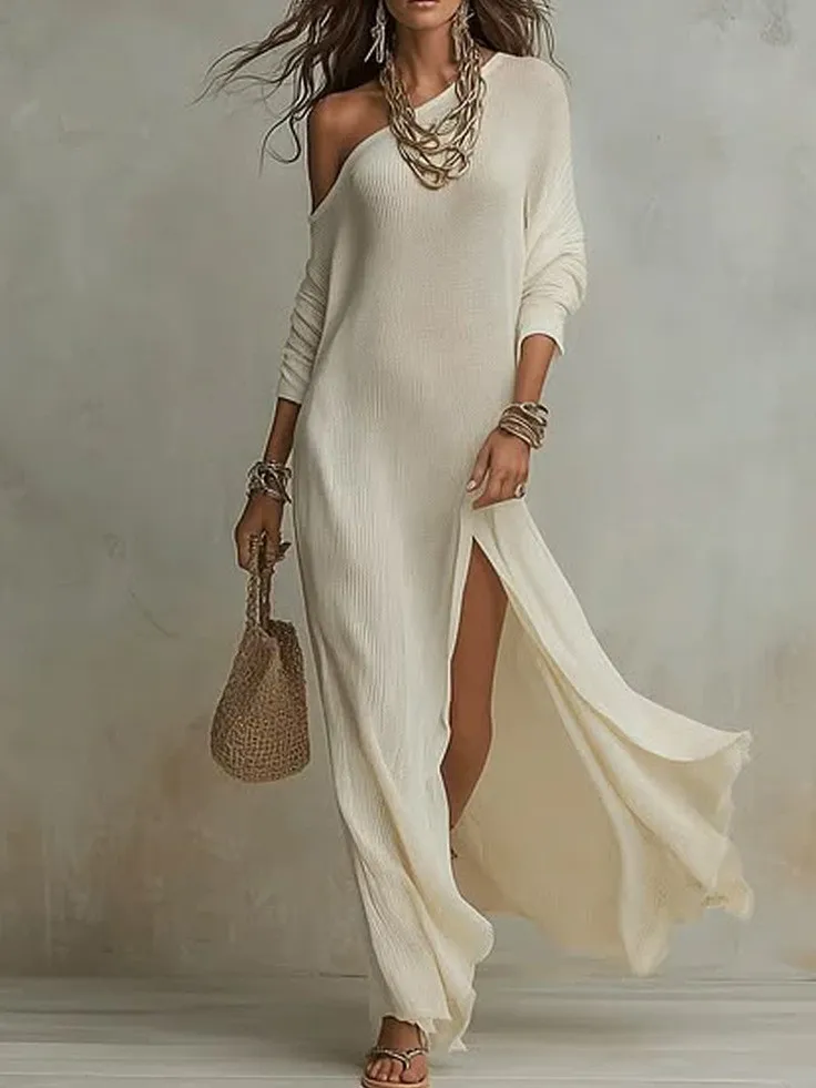 

Summer Women's Clothing Long Sleeve Pleated Maxi Dress For Polyester Loose Fit Elegant Robe Front And D