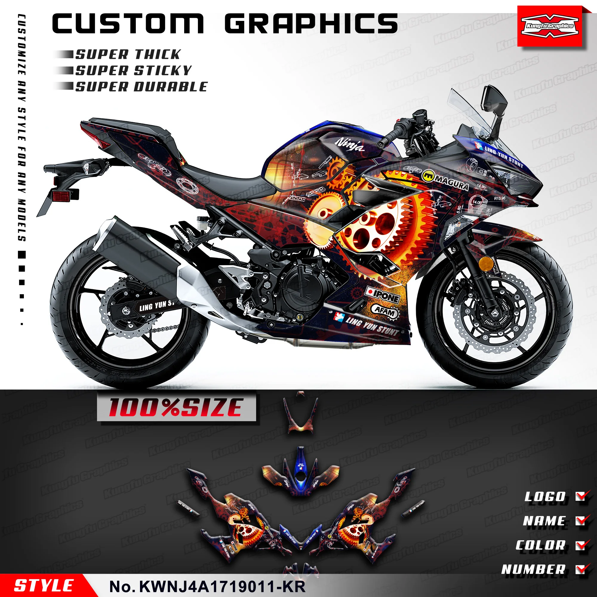 

KUNGFU GRAPHICS Adhesive Sticker Glossy Laminate for Kawasaki Ninja 250 400 ABS KRT 2017 2018 2019-2023, KWNJ4A1719011-KR