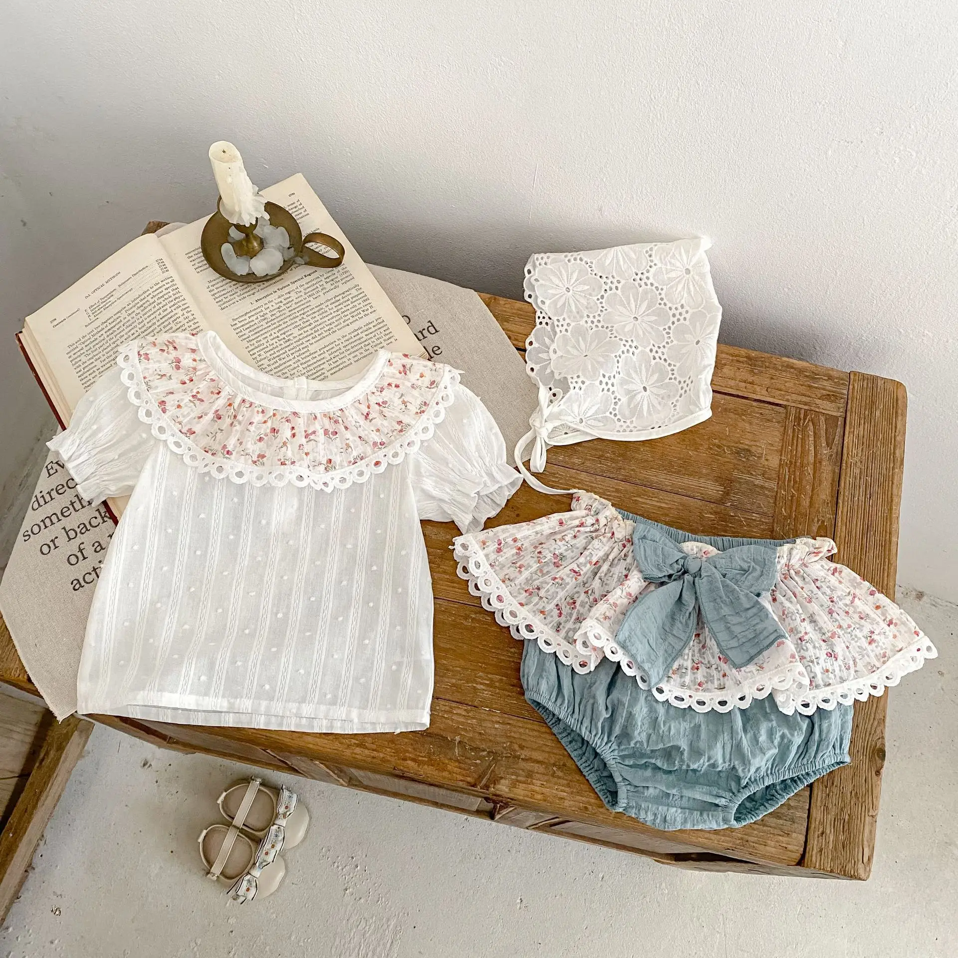 

2025 Summer new 2-4 Y baby clothing, exquisite baby girl cute printed collar short sleeved top+short skirt pants two-piece set