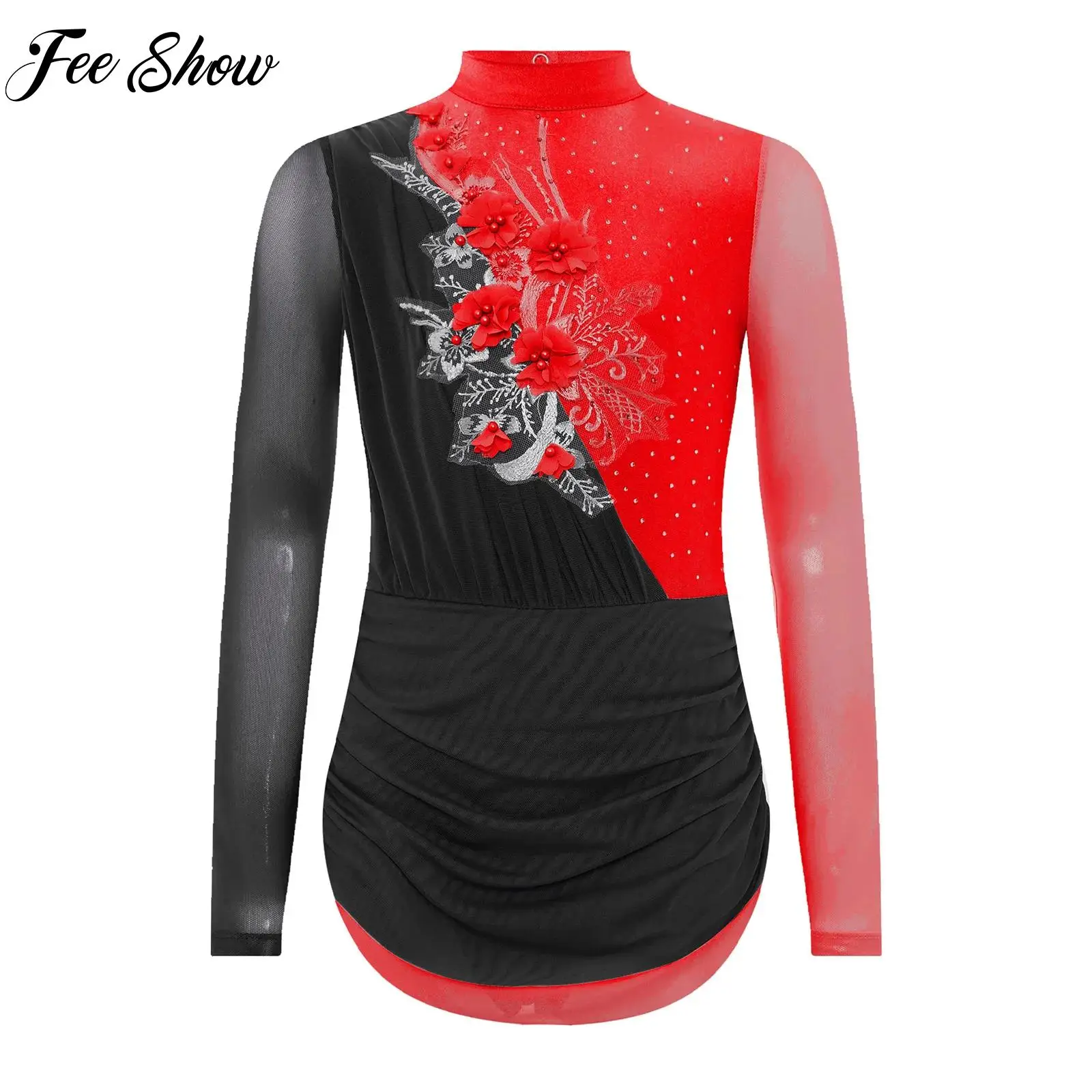 Child Girls Figure Skating Lyrical Dance Dress Applique Rhinestones Ballet Gymnastics Dance Leotard for Prom Party Performance