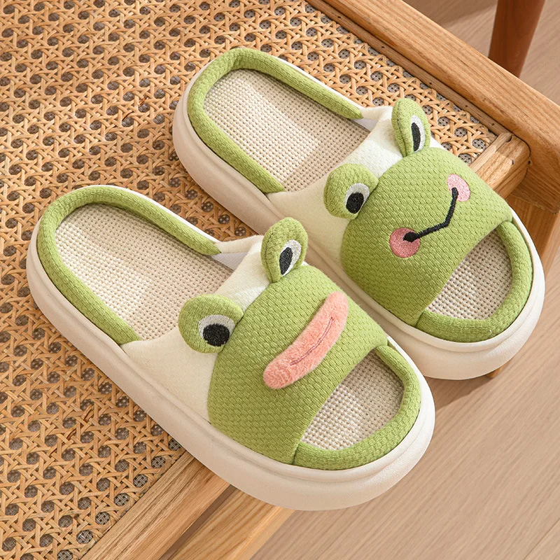 

Frog Hemp Women's Slippers House Flat Cartoon Designer Platform Shoes Girls Cute Indoor Slides Soft Sole Open Toe Non-Slip Floor