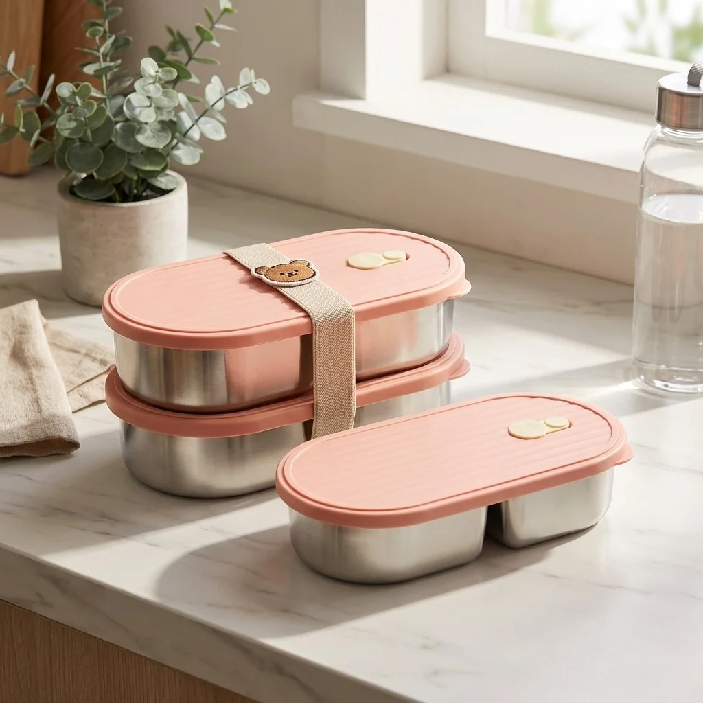 800ml 2 Grids Portable Bento Lunch Box For Kids Student Durable Microwave 304 Stainless Steel Divided Fruit Salad Food Container