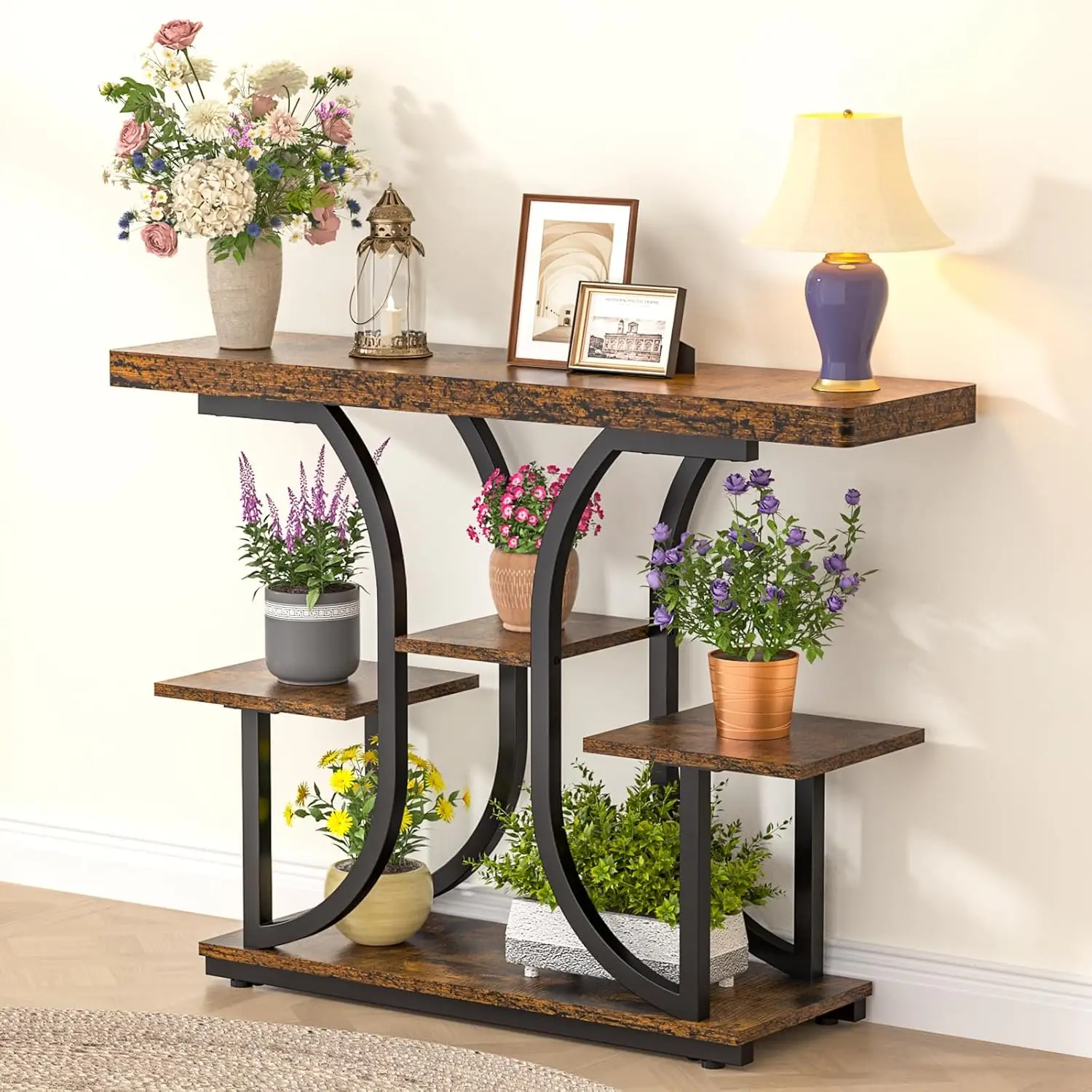 

5-Tier Console Table Entryway Storage Shelf Sofa Table Behind Couch Hallway Accent Living Room Entrance Rustic Brown, Customized