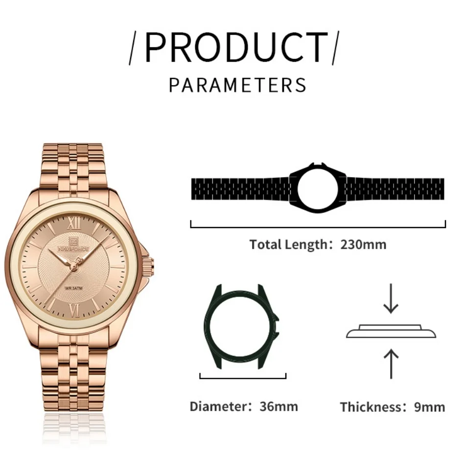 ساعة يد نسائية كلاسيكية مقاومة للماء من NAVIFORCE، حافظة دائرية، تصميم بسيط، سوار فولاذي غير قابل للصدأ، هدايا على مدار الساعة بعمق 3ATM #3