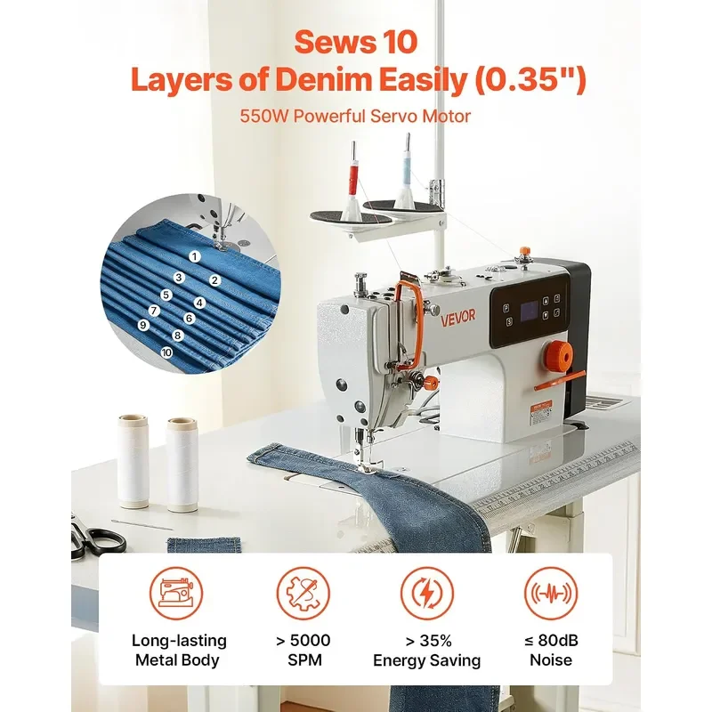 Industrial Lockstitch Sewing Machine 550W Commercial Set with Servo Motor Table Stand 5000 SPM High Speed Metal Frame LCD