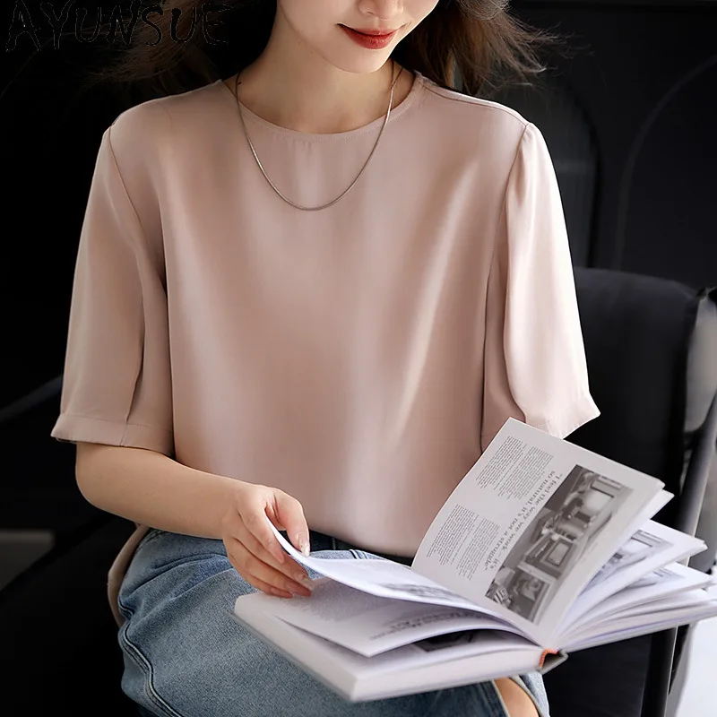 AYUNSUE 30mm Heavyweight Silk Women T Shirts Solid Color Tops for Woman O-neck Summer T Shirt Woman Clothes High Quality Топ