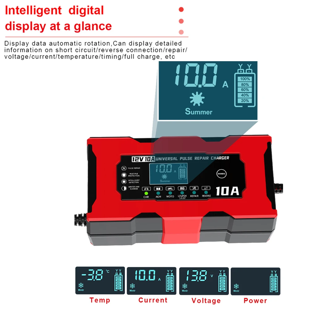 12V 10A Smart Car Battery Charger 14.6V 10A Electric Motorcycles Charger For Lifepo4 Lead Acid AGM GEL PB Lithium Battery Repair