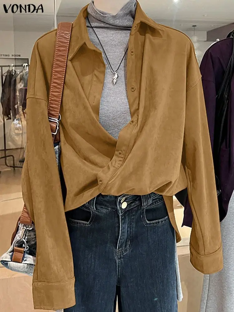 VONDA Women Fashion Long Sleeve Shirt 2025 Autumn Winter Blouses Elegant Office Lady Tops Solid Casual Loose Blusas Femininas