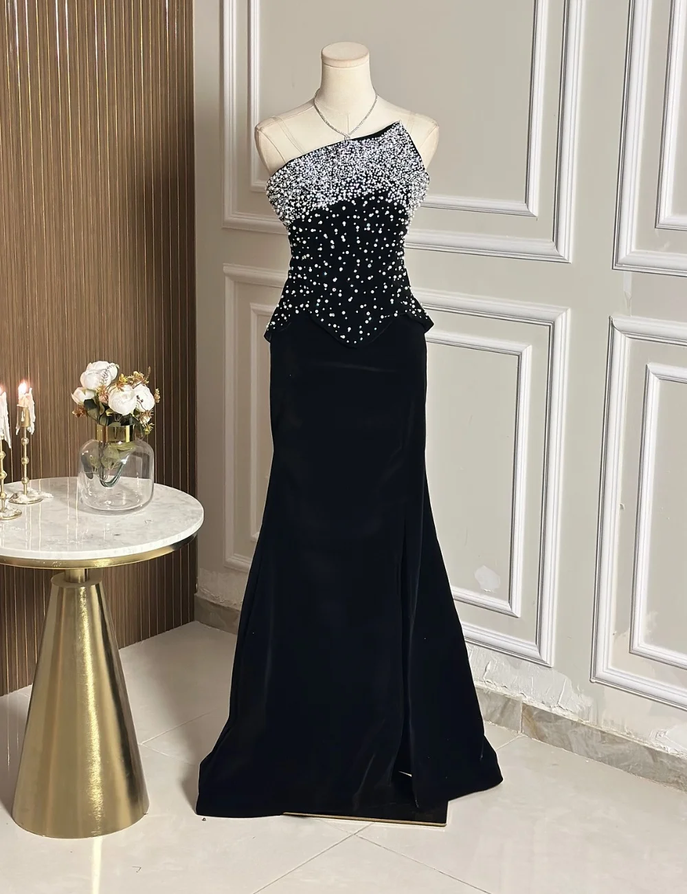 

Customized Matching Jersey Pleat Sequined Pearl Mermaid Strapless Long Dresses Bespoke Occasion Evening Fashion