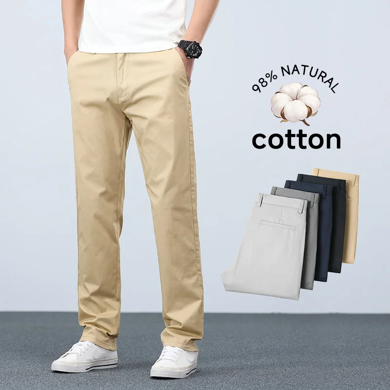 Pantalones Casuales de Hombre, Marca [Brand Name], 98% Algodón, Elásticos, Holgados, Rectos, Color Caqui, Tipo Chino, Tallas Grandes 38 40 42