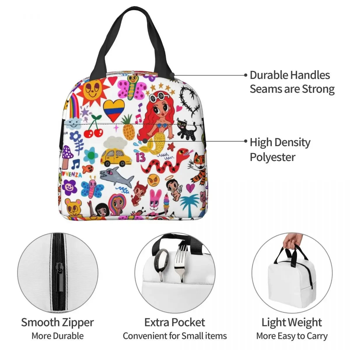 Karol G Bichota Insulated Lunch Bags Thermal Bag Meal Container High Capacity Lunch Box Tote Food Handbags College Picnic