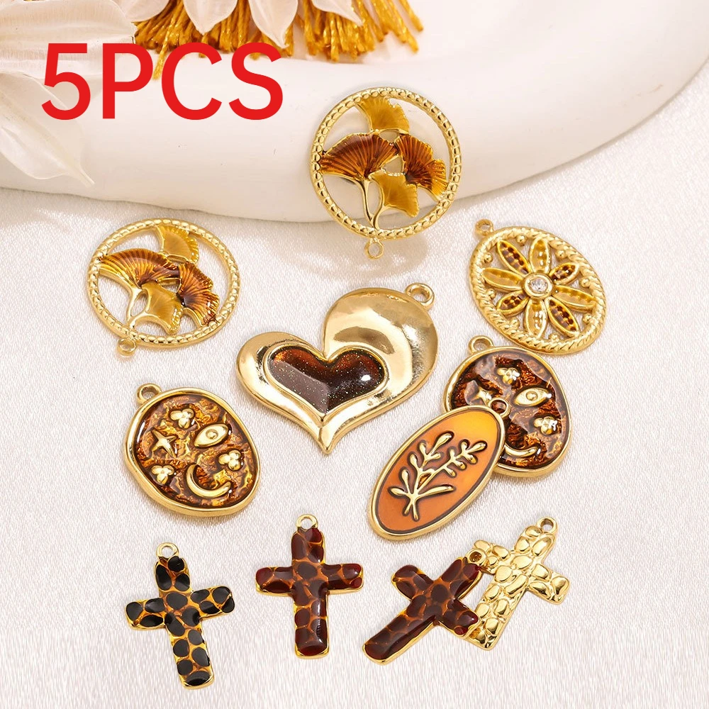 

5Pcs Stainless Steel Ginkgo Leaf Heart Cross Pendant Charms Mix Jewelry Making Accessories DIY Necklace Bracelet Findings