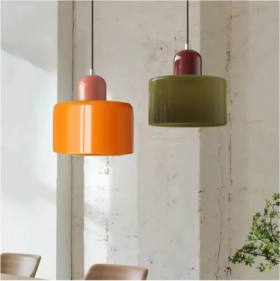 Retro Colored Glass LED Pendant Light Bedroom Bedside Hanging Lamp Dining Room Bar Counter Coffee Shop Bar Lighting Fixture