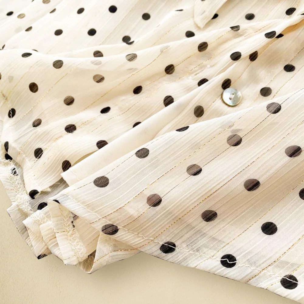 Cream Polka Dot Bow Neck Elegant Chiffon Long Sleeve Loose Women\'s Blouse Shirt Female Clothing Tops Women Clothing Fashion 2024