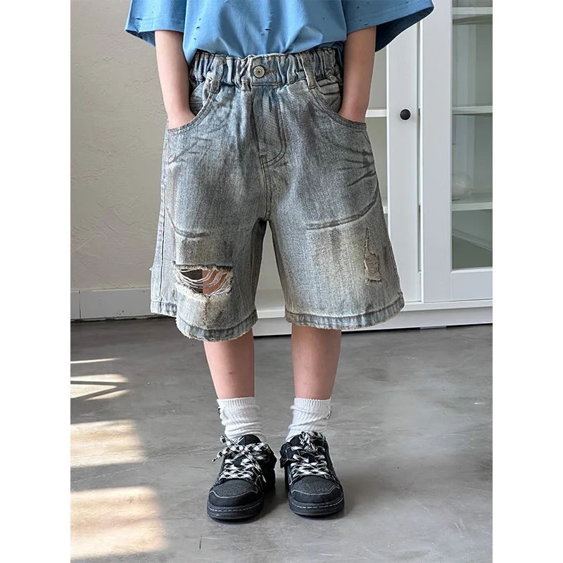 

2024 Summer New Korean Edition Children's Denim Short Boys and Girls Straight Leg Capris Kids Clothes Jeans