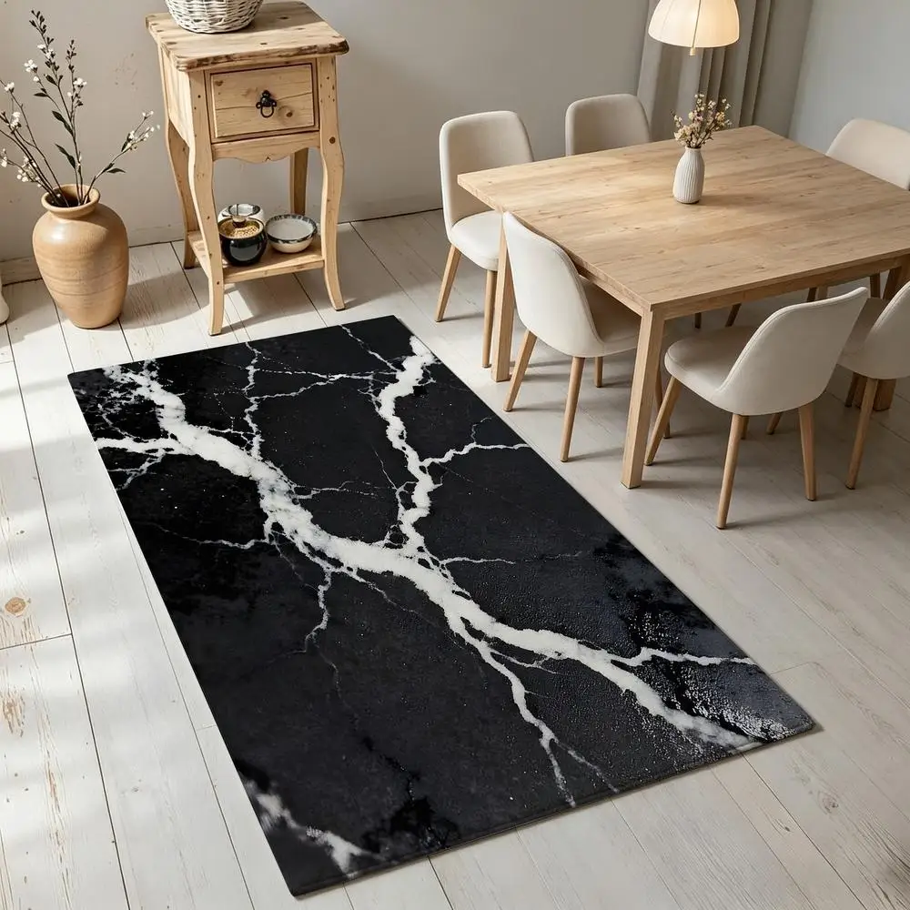 2D 1 piece black marble veining soft comfortable, easy to care, machine washable indoor rug suitable for under dining table, under coffee table, beside bed, entryway, hallway, home office, rustic style home decor