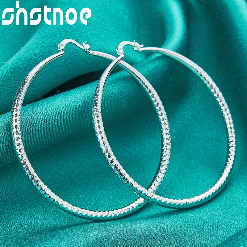 

SHSTONE 925 Sterling Silver Earrings Women's 70mm Grainy Round Hoop Earrings Party Wedding Fashion Jewelry Wholesale