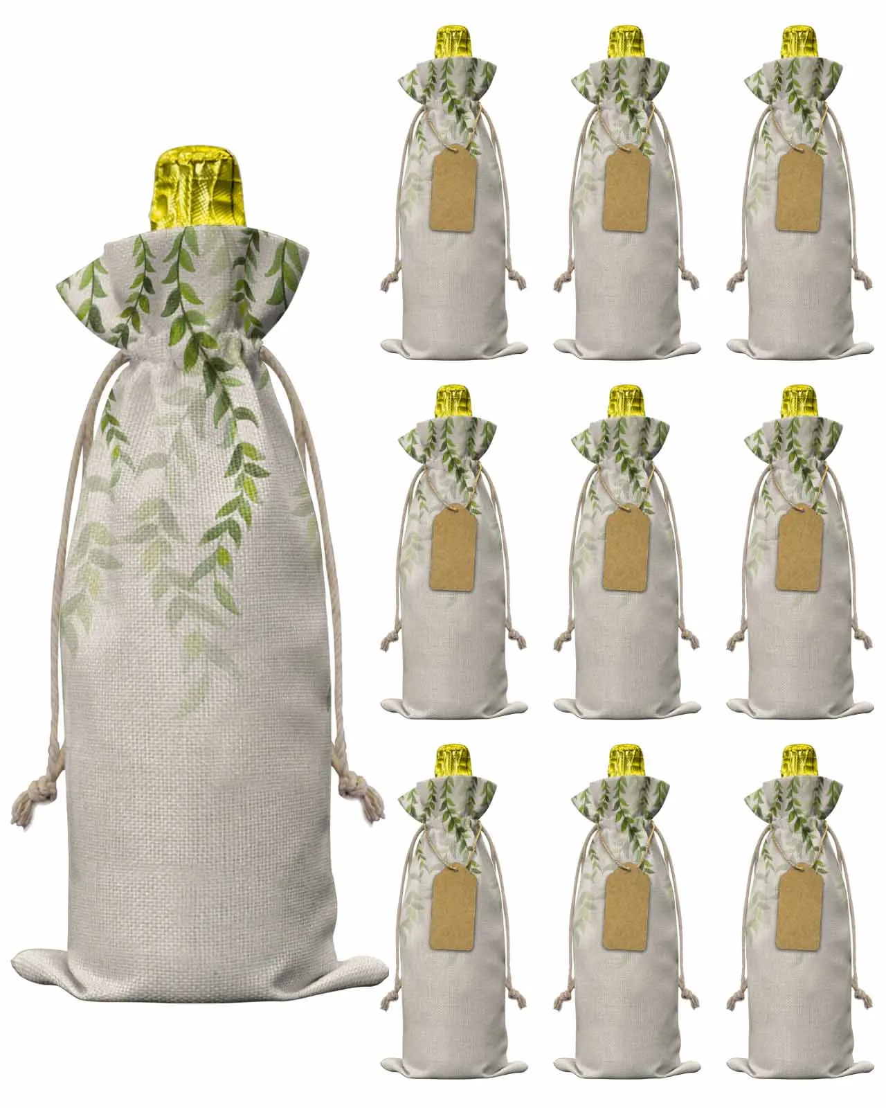 10pcs Plant Leaves Beige Linen BackgroundWine Bottle Bag with Drawstring Festive Party Decor Wine Bottle Covers Gift