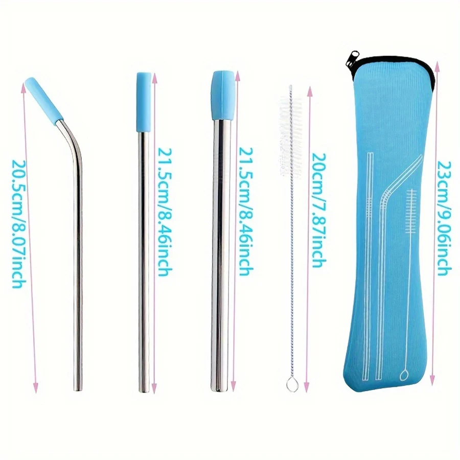 stainless steel straw set Coffee milk tea juice straw Straight pipe elbow pipe with cleaning brush and storage bag