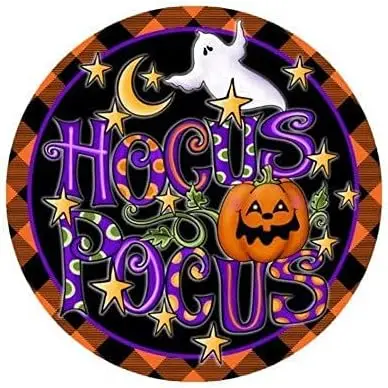 Round Metal Tin Sign Rustic Wall Decor Happy Halloween Wreath Sign for Front Door,Hocus Pocus Seasonal Halloween Decor,Metal Sig