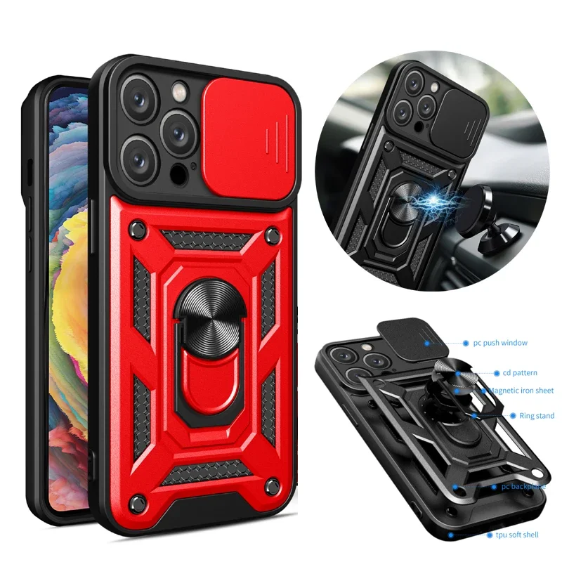 

For IPhone 16 14 Plus 12 13 Mini 11 15 Pro Max Magnet Ring Phone Case Camera Slide Military Grade Armor Protection Cover Cases