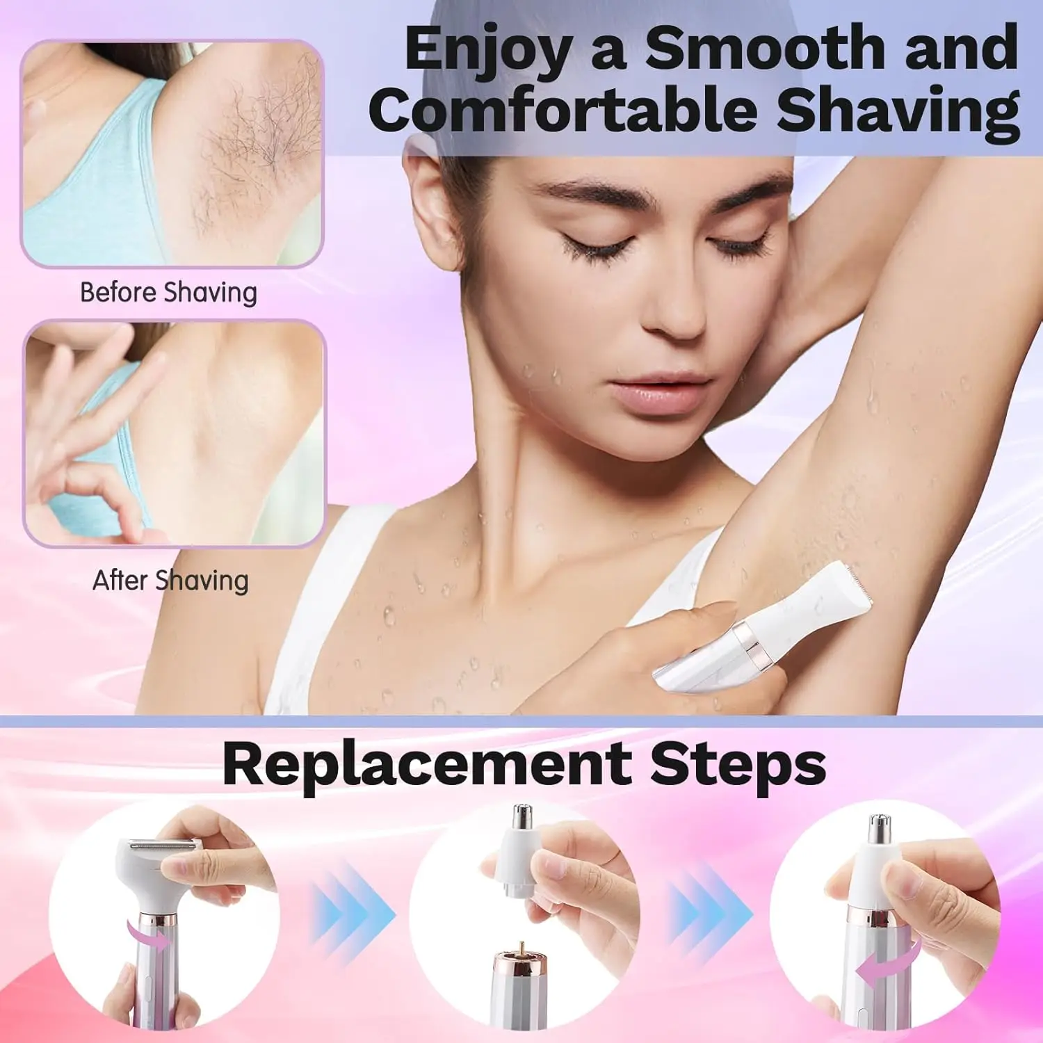 ماكينة حلاقة كهربائية للنساء 5 في 1 ماكينة حلاقة كهربائية قابلة لإعادة الشحن للسيدات مقاومة للماء ومحمولة وصديقة للبشرة ماكينة تشذيب الشعر غير المؤلمة