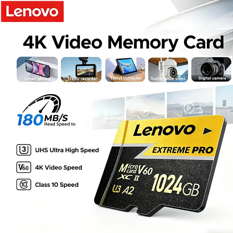 

Lenovo Extreme Pro SD Memory Card 128GB U3 V60 High Speed Micro SD Card 1TB 512GB 256GB TF Card for Phone Camera Drone Cross-Use
