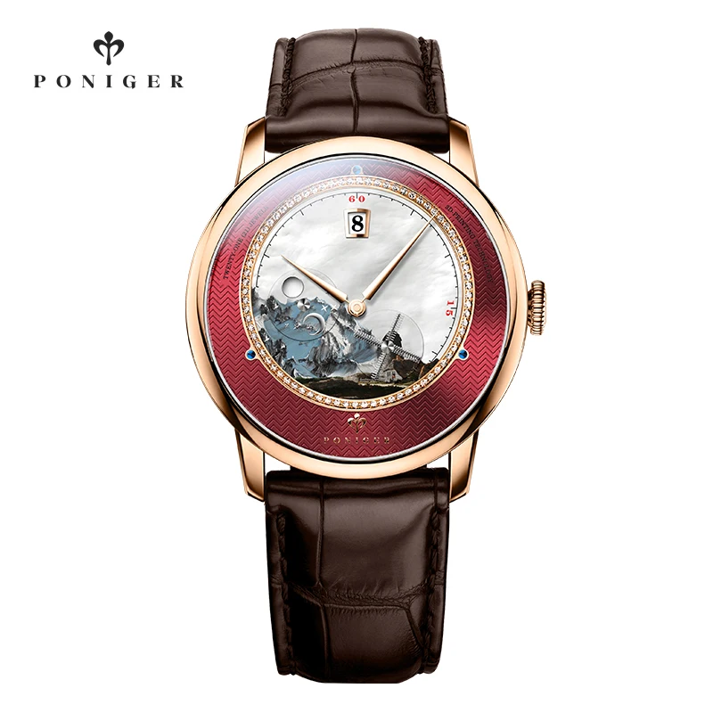 

PONIGER Sapphire Crystal Glass Wrist Watch Painting Dial Blue Color Mens Leather Automatic Wristwatch
