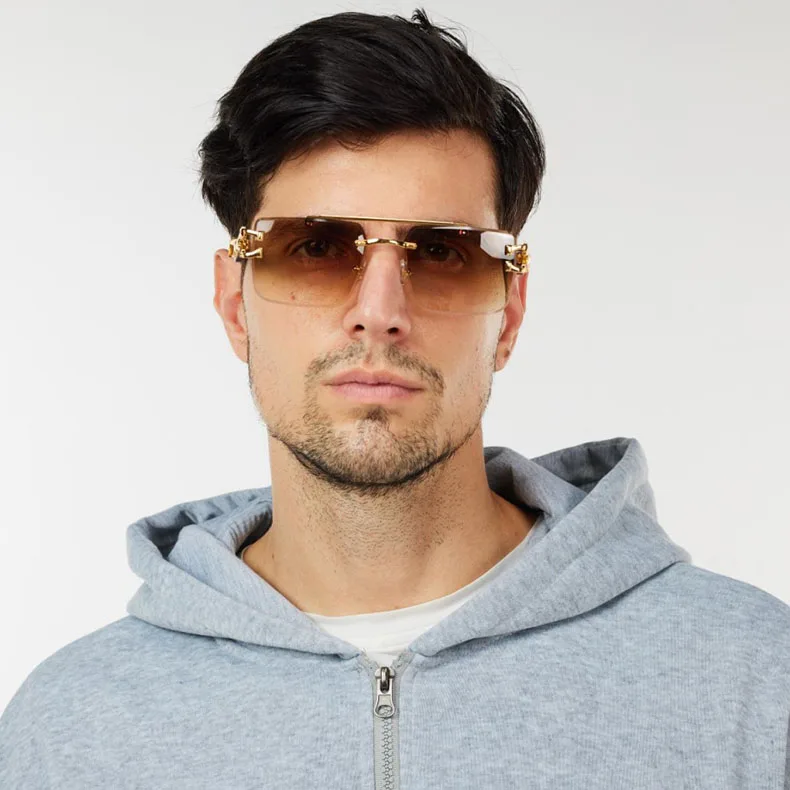 Holzmaserung Sonnenbrille Damen Trendy 2024 Randlose Sonnenbrille Herren Vintage Designer Mode-Brillen Lentes De Sol Mujer Zonnebril – Detail 8