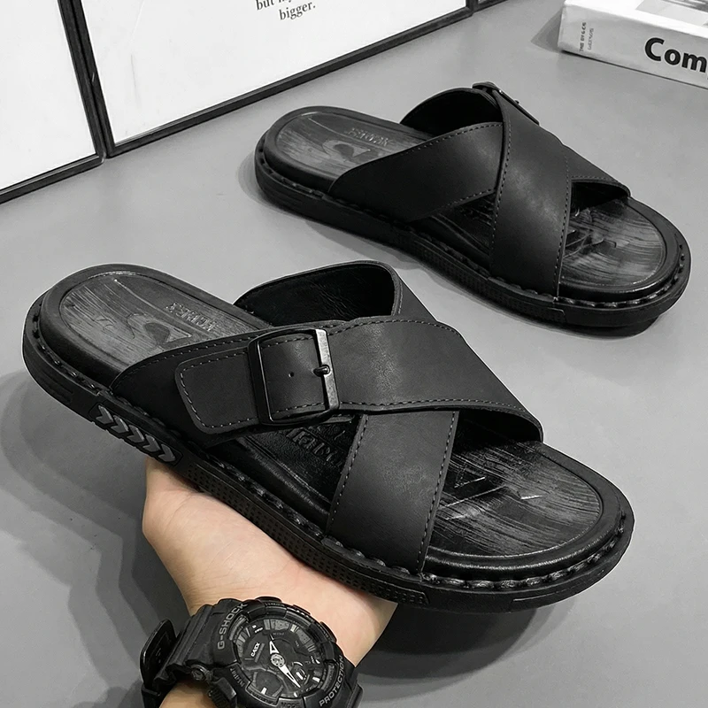 

Летние классические кожаные шлепанцы 2026 года, черные, больших размеров, мужские, легкие, дышащие, пляжные сандалии, уличные, с мягкой подошвой, рабочие тапочки