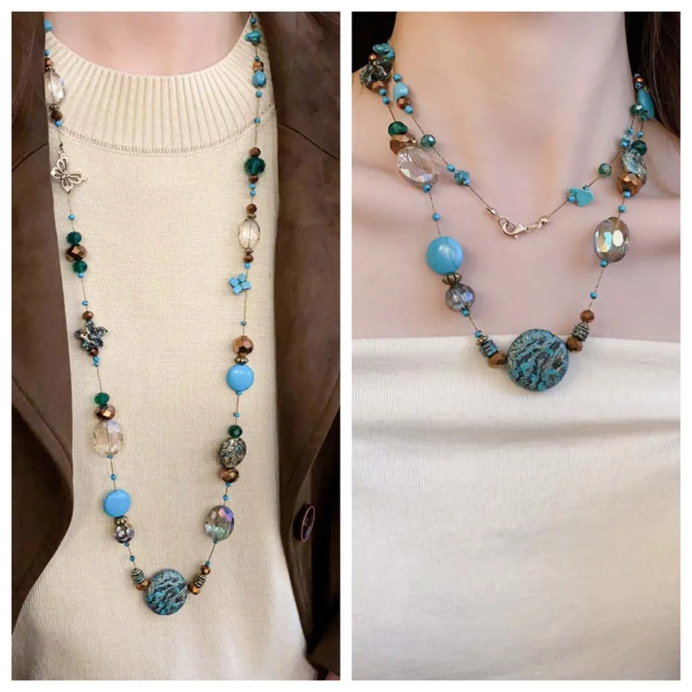 Beach Clavicle Chain Multilayer Turquoise Necklace Layered String Jewelry Accessories Western Country Necklace Artificial Stone