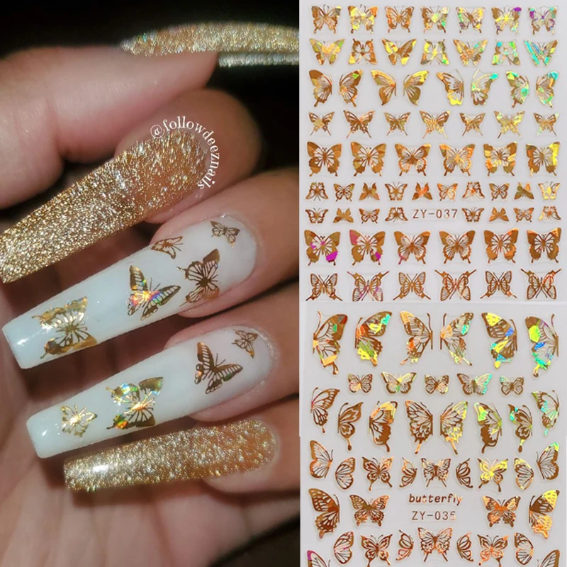 

1PC Golden 3D Butterfly Nail Stickers Holographic Foil Wraps Transfer Decals Nail Art Decorations Manicure Self-Adhesive Sliders