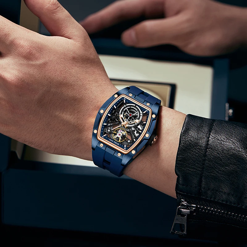 MINI FOCUS MF0603G Orologio sportivo automatico da uomo Canna scheletrata Movimento meccanico Cinturino in silicone Orologi impermeabili luminosi