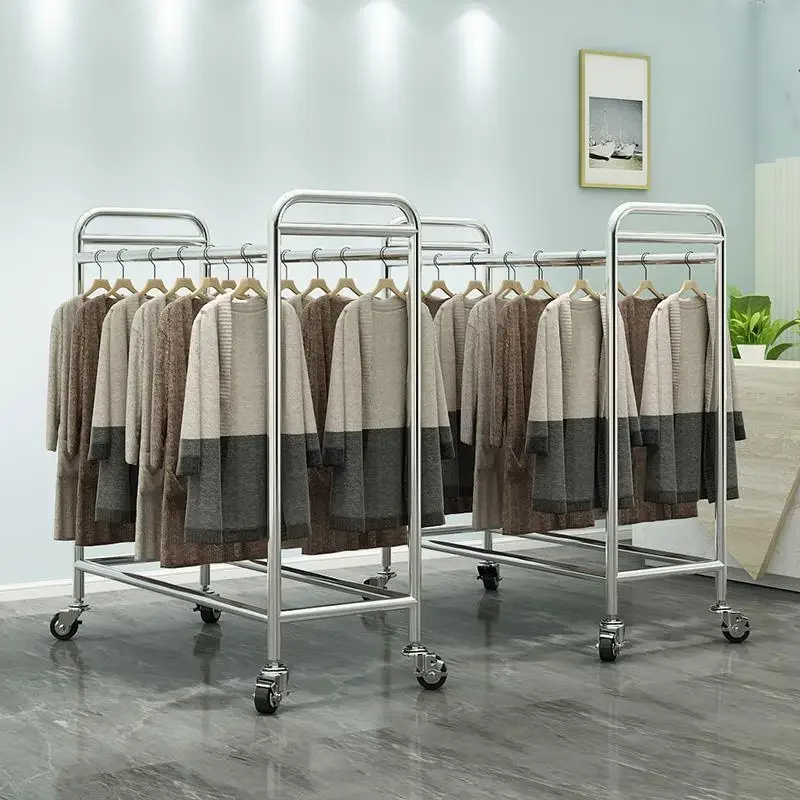 Clothing store display rack stainless steel double-row middle island rack floor-to-ceiling parallel  hanger with wheel movabl
