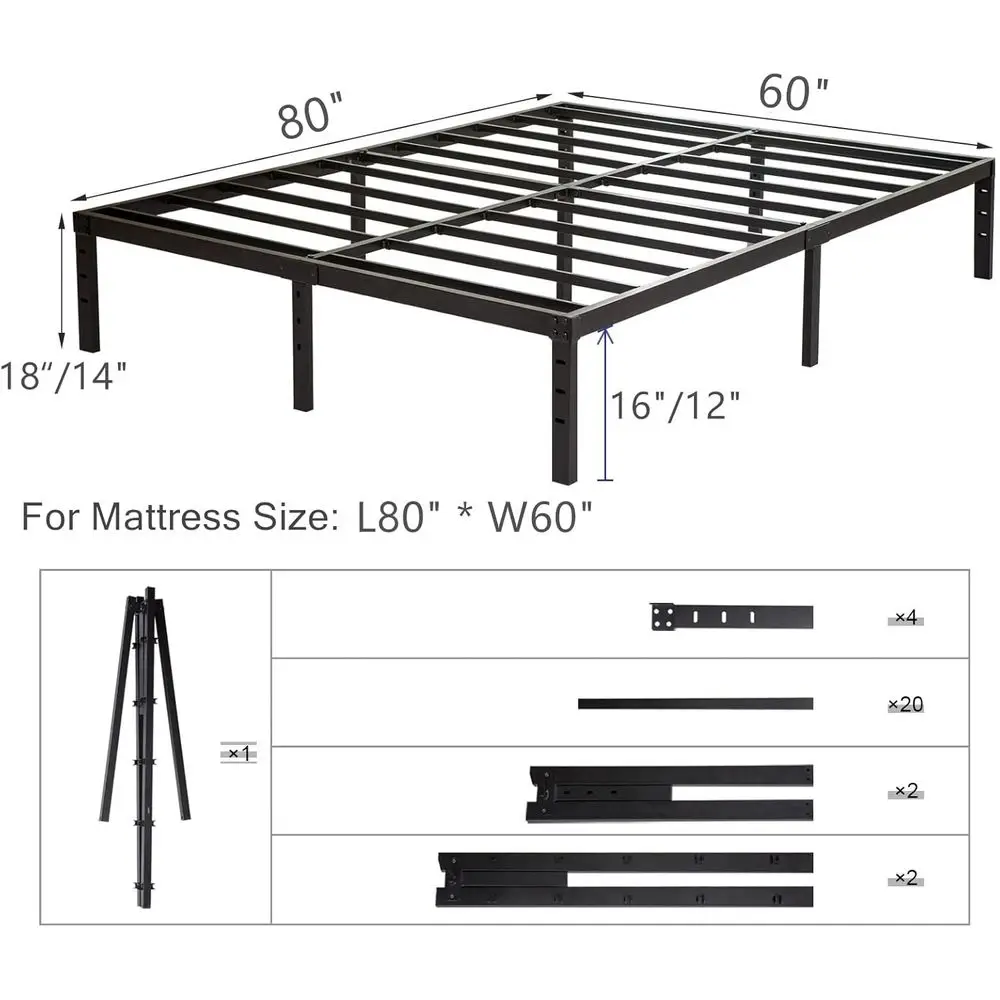 هيكل سرير بمنصة معدنية 14 شديدة التحمل مع شرائح فولاذية، يدعم 3500 رطلاً، لا حاجة إلى صندوق زنبركي، قوي وهادئ #2