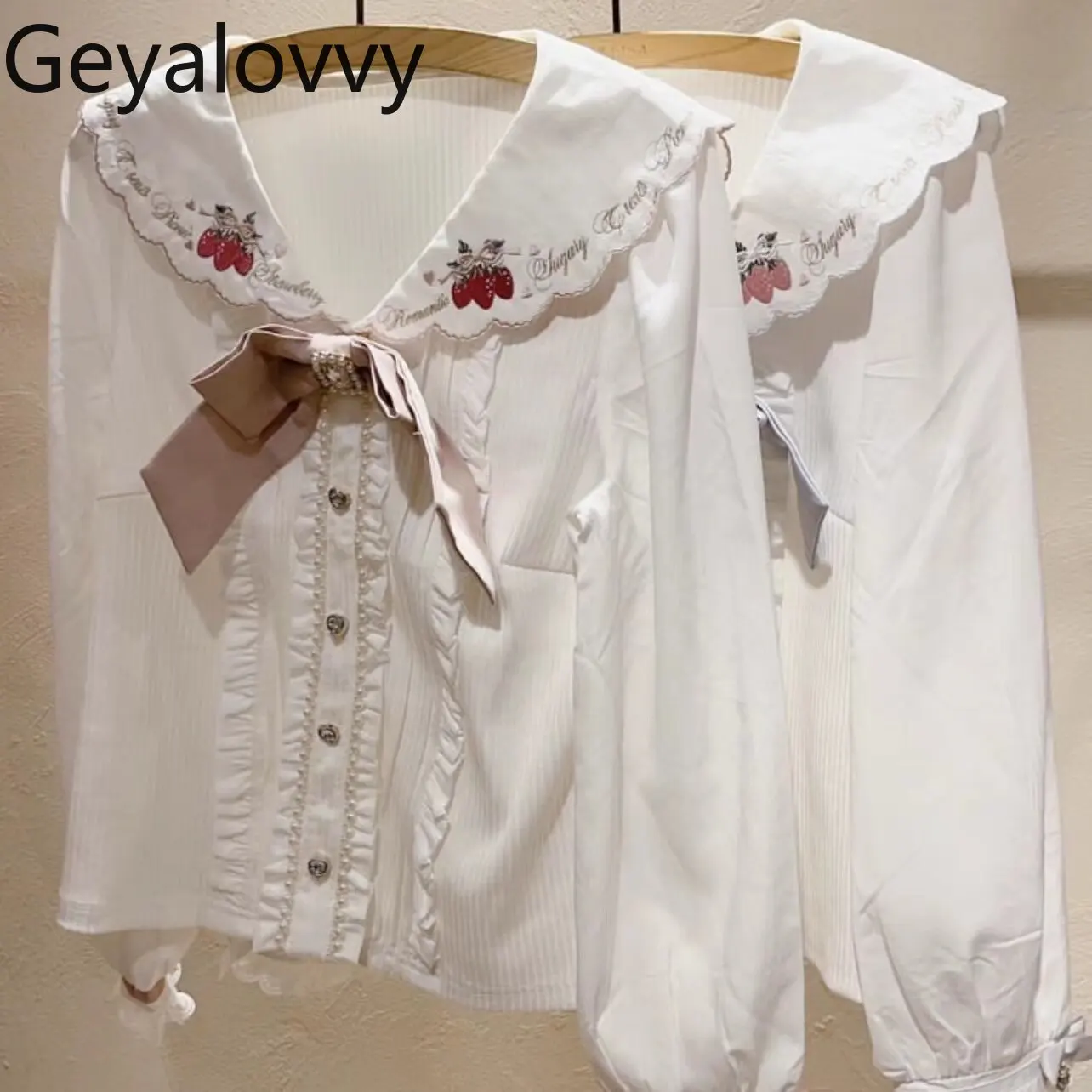 

Long Sleeve White Top Japanese Style Mass-produced Sweet Cute Soft Girl Style Strawberry Embroidery Sailor Collar Shirt