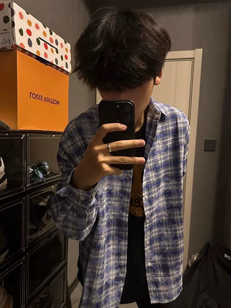 

American Retro adient Plaid Long Sve irt Men's Spring Autumn Youth Sle High End Japanese Sle Cotton Polyester Blend