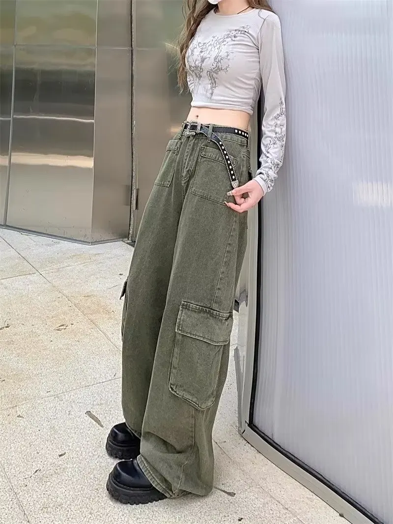 

Американские джинсовые рабочие брюки больших размеров с высокой талией, утягивающие, с карманами, свободные, широкие штанины, для женщин