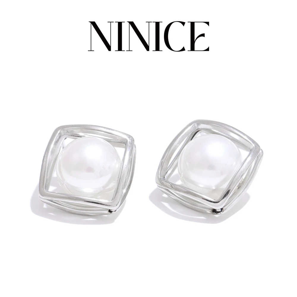 NiNice Trendy Stainless Steel Imitation Pearls Square Stud Earrings Stain Less Metal Attractive Women Jewelry Accessories